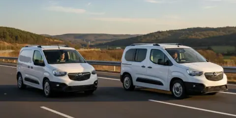 Dos furgonetas panel blancas circulan por una carretera con colinas boscosas al fondo.