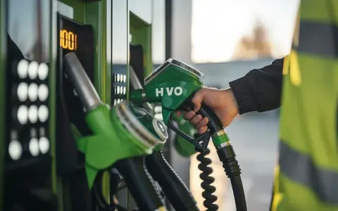 Mano con boquilla HVO verde, lista para la declaración de gasóleo profesional. El surtidor muestra 100.
