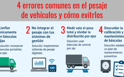 Infografía sobre 4 errores comunes en la tabla de pesos de camiones y sus soluciones. Incluye ilustraciones de camiones, básculas y sistemas de gestión.