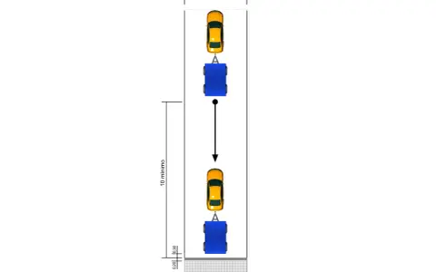 Diagrama de maniobras para el carnet de conducir E: dos vehículos con remolque en un carril de 6m de ancho y 10m de largo.