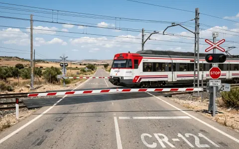 Un tren de carretera de Renfe cruza un paso a nivel con barreras rojas y blancas bajadas. El semáforo está en rojo.