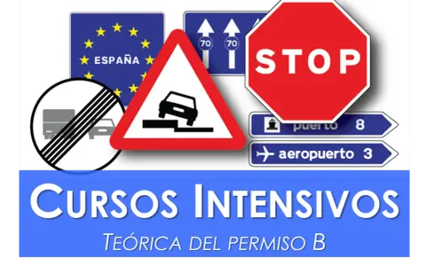 Cursos intensivo teórico coche. Señales de tráfico: STOP, prohibición, peligro, dirección puerto y aeropuerto.