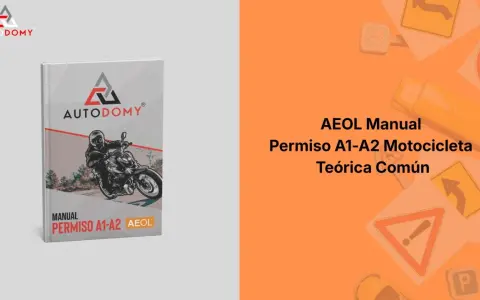 Manual para el permiso moto A2. Portada de libro "AEOL Manual Permiso A1-A2 Motocicleta Teórica Común" con imagen de motorista.