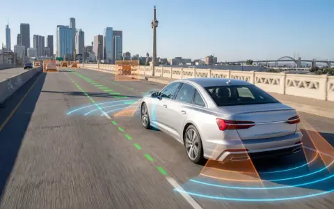 Un coche plateado en una autopista urbana, con gráficos que muestran sus **sistemas de ayuda a la conducción** detectando otros vehículos y obstáculos.