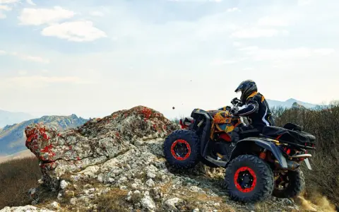 Un piloto con casco y chaqueta amarilla y negra conduce un quad ATV por un terreno rocoso y montañoso. El permiso para esta aventura es la emoción.