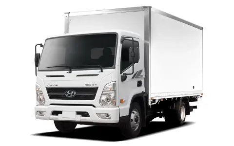 Camión Hyundai Mighty blanco, listo para obtener su permiso de circulación y empezar a transportar.