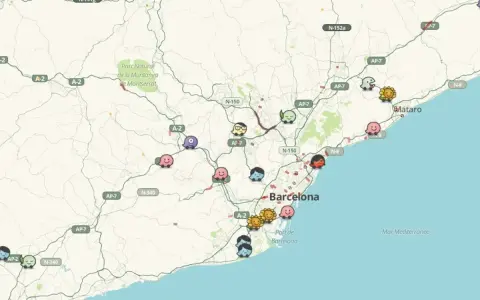 Mapa de incidencias carreteras Catalunya con iconos divertidos.