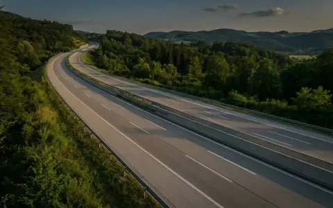 Autopista en Eslovenia, con colinas verdes y árboles. El sol se pone, proyectando sombras largas sobre la carretera. Los **peajes eslovenia** son parte de este paisaje.