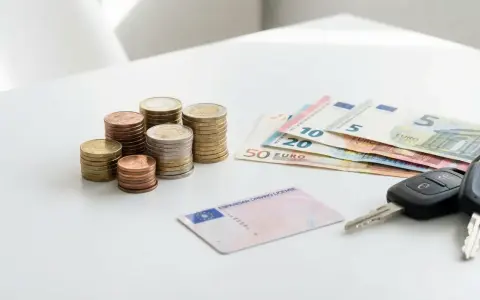 Monedas, billetes de euro, un carnet de precio y llaves de coche sobre una mesa blanca.
