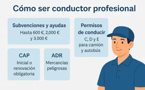 Información sobre cómo ser conductor profesional: subvenciones, permisos C, D, E para camión, CAP y ADR. ¡Infórmate sobre los cursos SEPE carnet de camión!
