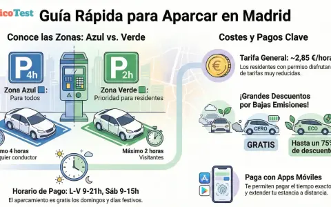 Guía de aparcamiento en Madrid: Zona Azul (máx. 4h, todos) vs. Zona Verde (prioridad residentes, máx. 2h). Costes, descuentos ECO y pago por app.