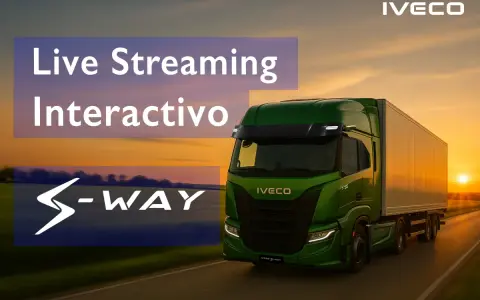 Camión verde Iveco S-Way en carretera al atardecer. Transmisión en vivo interactiva.