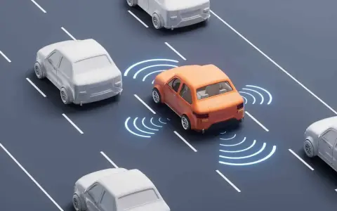 Un coche naranja emite ondas de señalización, indicando su sistema aeb adas. Otros coches blancos circulan a su alrededor en la carretera.