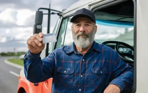Conductor muestra su carnet C1, listo para conducir su camión.