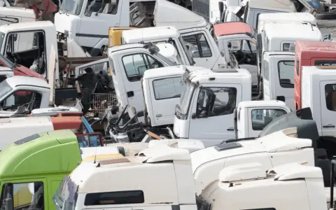 Desguace de camiones. Se aprecian cabinas blancas y verdes, algunas con partes oxidadas, listas para cumplir los requisitos de achatarramiento de camiones.
