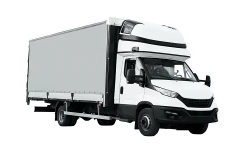 Camión blanco con caja de lona, ideal para tu negocio. Consulta el camion precio y hazte con él.