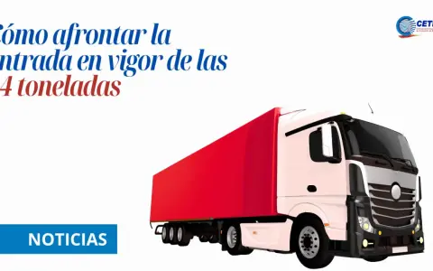 Camión blanco y rojo con el texto "Cómo afrontar la entrada en vigor de las 44 toneladas" en España.