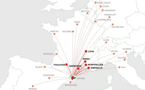 Mapa de rutas aéreas que conectan ciudades de España, Francia y otros países europeos, mostrando las fronteras de Francia.