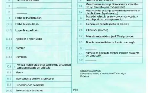 Detalles de un permiso de circulación B: matrícula, fecha, propietario, marca, cilindrada, potencia y plazas.