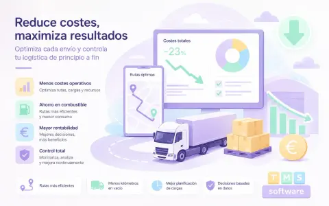 Optimización de **procesos logísticos**: camión, paquetes, gráficos de reducción de costes y rutas eficientes en pantalla.