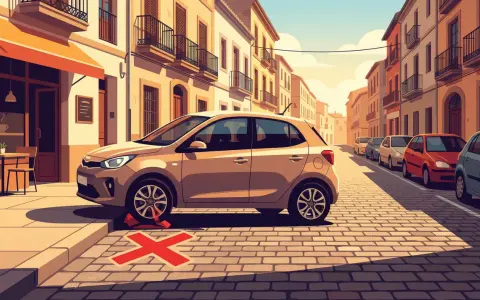 Coche mal aparcado sobre una X roja, indicando faltas eliminatorias al aparcar DGT. Calle adoquinada con edificios y otros coches.