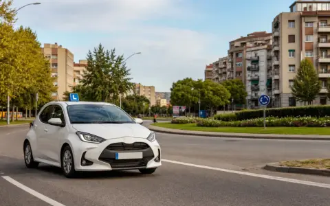 Coche blanco con señal "L" en el techo, listo para el traslado de expediente autoescuela. Edificios y árboles al fondo.