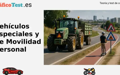 Un tractor, un vehículo especial, circula por carretera junto a un patinete eléctrico y señales de tráfico.