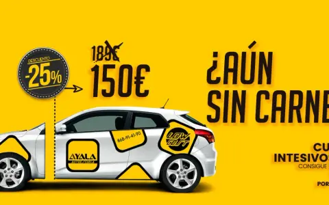 Coche blanco con publicidad de autoescuela. Oferta de curso intensivo por 150€, ¡consigue tu carnet en 8 días!