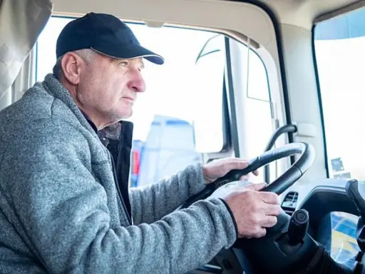 Conductor de camión con gorra y chaqueta gris, con las manos en el volante. Podría ser parte de un listado de cese de actividad de transportistas.