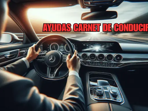 Hombre conduciendo un coche de lujo. El texto "AYUDAS CARNET DE CONDUCIR" sugiere ayudas económicas para obtener el permiso de conducir.