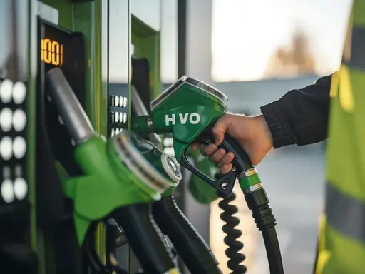 Mano con boquilla HVO verde, lista para la declaración de gasóleo profesional. El surtidor muestra 100.