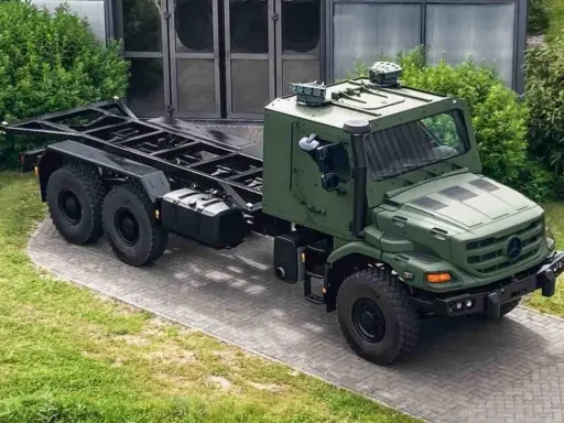 Camión Mercedes Zetros sin carrocería, listo para ser equipado. Su robusto interior y chasis prometen gran capacidad todoterreno.