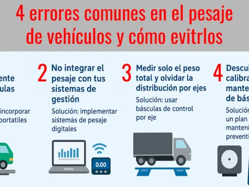Infografía sobre 4 errores comunes en la tabla de pesos de camiones y sus soluciones. Incluye ilustraciones de camiones, básculas y sistemas de gestión.
