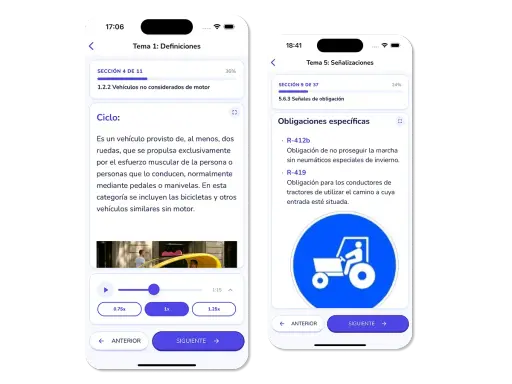 App de autoescuela a2 con lecciones sobre definiciones y señalizaciones.