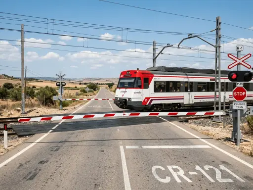 Un tren de carretera de Renfe cruza un paso a nivel con barreras rojas y blancas bajadas. El semáforo está en rojo.