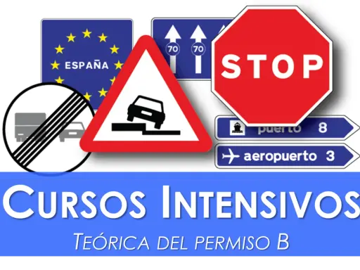 Cursos intensivo teórico coche. Señales de tráfico: STOP, prohibición, peligro, dirección puerto y aeropuerto.