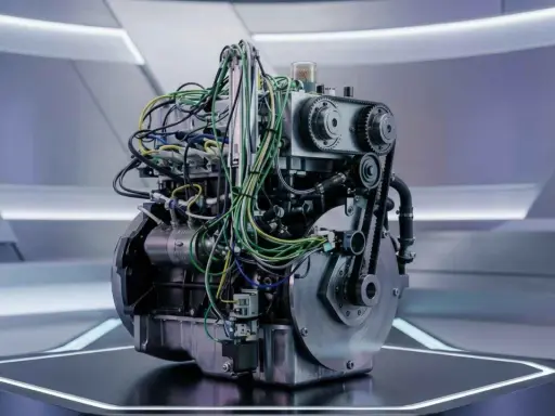 Un complejo motor de hidrogeno con cables de colores y engranajes, presentado en una plataforma futurista.