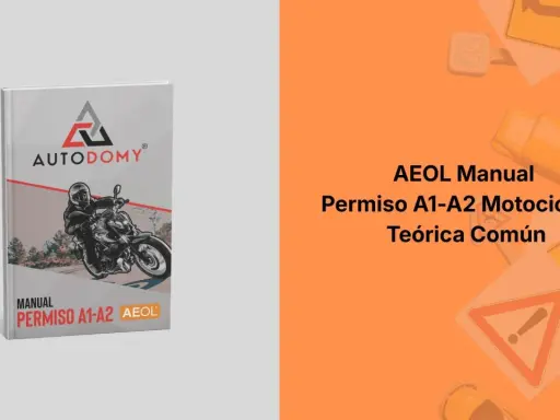 Manual para el permiso moto A2. Portada de libro "AEOL Manual Permiso A1-A2 Motocicleta Teórica Común" con imagen de motorista.
