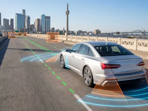 Un coche plateado en una autopista urbana, con gráficos que muestran sus **sistemas de ayuda a la conducción** detectando otros vehículos y obstáculos.