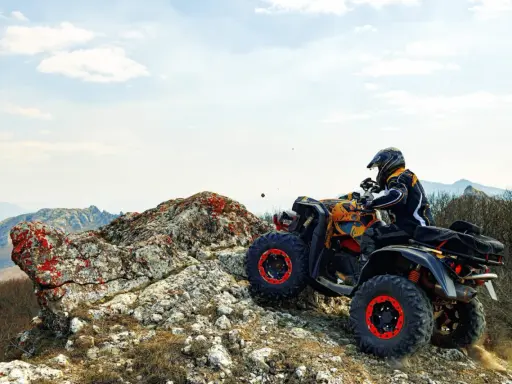 Un piloto con casco y chaqueta amarilla y negra conduce un quad ATV por un terreno rocoso y montañoso. El permiso para esta aventura es la emoción.