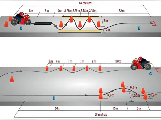 Diagrama de circuito para examen de moto A2. Muestra obstáculos y distancias, con trucos para superar cada tramo.