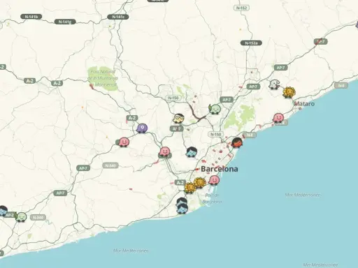 Mapa de incidencias carreteras Catalunya con iconos divertidos.