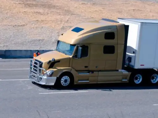 Camión dorado de 40 toneladas en carretera, transportando carga en su remolque blanco.