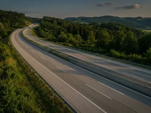 Autopista en Eslovenia, con colinas verdes y árboles. El sol se pone, proyectando sombras largas sobre la carretera. Los **peajes eslovenia** son parte de este paisaje.