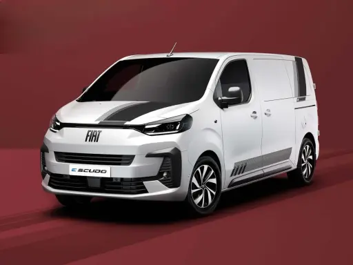 Furgoneta blanca Fiat Scudo con franjas negras. Conoce las fiat scudo medidas para tu negocio.