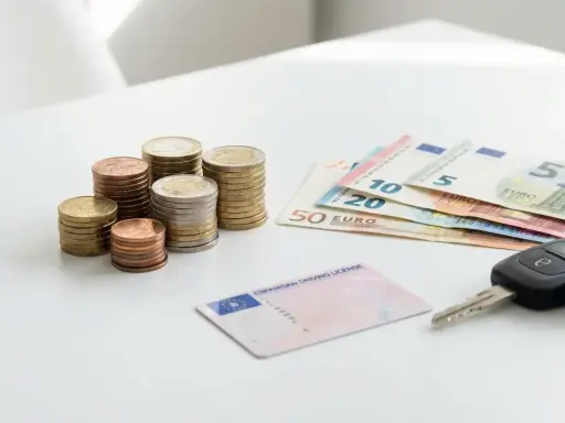 Monedas, billetes de euro, un carnet de precio y llaves de coche sobre una mesa blanca.