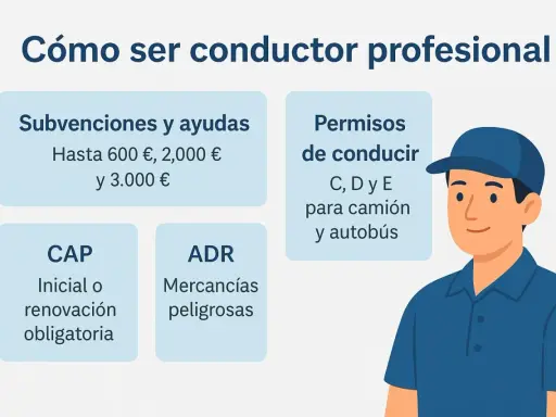 Información sobre cómo ser conductor profesional: subvenciones, permisos C, D, E para camión, CAP y ADR. ¡Infórmate sobre los cursos SEPE carnet de camión!