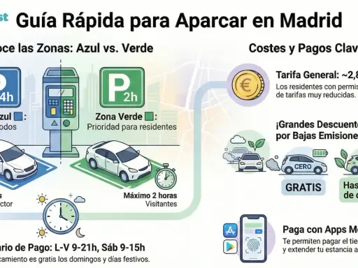 Guía de aparcamiento en Madrid: Zona Azul (máx. 4h, todos) vs. Zona Verde (prioridad residentes, máx. 2h). Costes, descuentos ECO y pago por app.