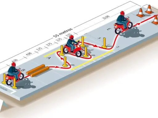 Maniobras para obtener el carnet de moto 49cc: zig-zag entre conos, paso por vallas y circuito de aceleración.
