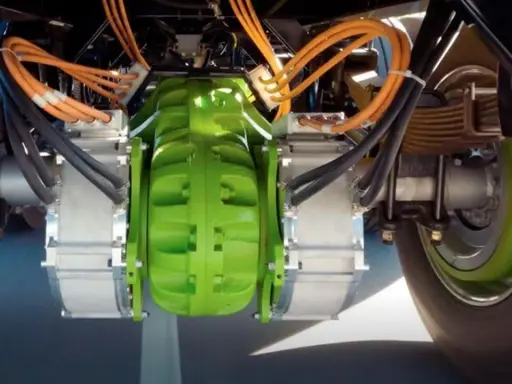 Detalle del sistema de freno eléctrico de camiones, con componentes verdes y naranjas, y cables negros.